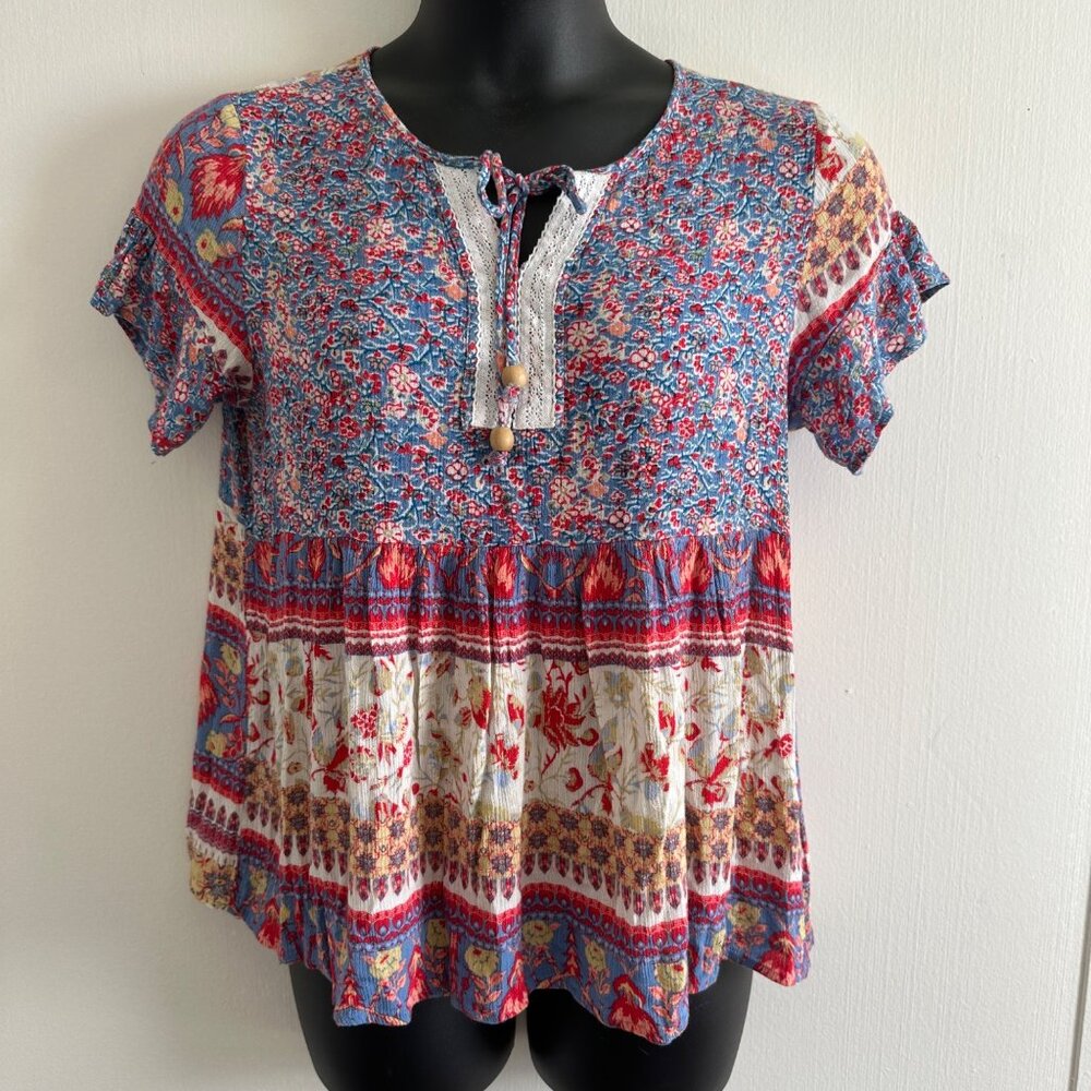 One World Peasant Top Womens Size Large Boho Floral Babydoll Flutter Metallic